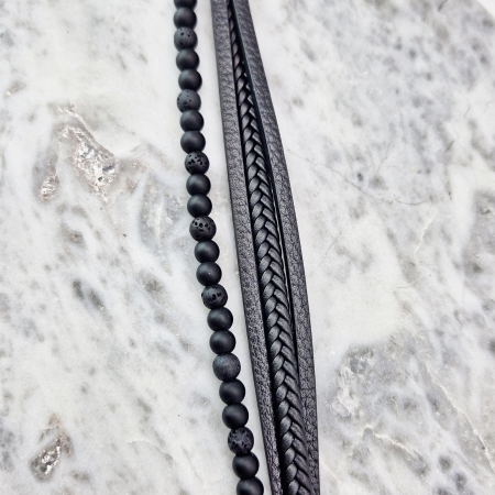 BRANSOLETKA MĘSKA SKÓRZANA PLECIONA 21CM SKÓRA LAWA WULKANICZNA